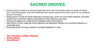 • Sacred groves are patches of primeval forest that some rural communities protect as abodes of deities.
Such “ecosystem people” draw their livelihoods from nearby resources and value nature for the ecological
services it provides,
• Sacred groves of India are forest fragments of varying sizes, which are communally protected, and which
usually have a significant religious connotation for the protecting community.
• Hunting and logging are usually strictly prohibited within these patches.
• Other forms of forest usage like honey collection and deadwood collection are sometimes allowed on a
sustainable basis.
• Sacred groves did not enjoy protection via federal legislation in India.
• Oran (Jaiselmer, Jodhpur, Bikaner),
• Kenkri (Ajmer)
• Vani (Mewar)
SACRED GROVES
 