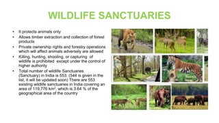 WILDLIFE SANCTUARIES
• It protects animals only
• Allows timber extraction and collection of forest
products
• Private ownership rights and forestry operations
which will affect animals adversely are allowed
• Killing, hunting, shooting, or capturing of
wildlife is prohibited except under the control of
higher authority
• Total number of wildlife Sanctuaries
(Sanctuary) in India is 553. (544 is given in the
list, it will be updated soon) There are 553
existing wildlife sanctuaries in India covering an
area of 119,776 km2, which is 3.64 % of the
geographical area of the country
 