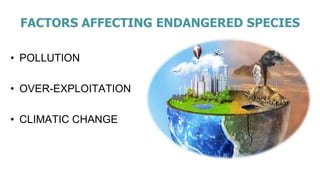 FACTORS AFFECTING ENDANGERED SPECIES
• POLLUTION
• OVER-EXPLOITATION
• CLIMATIC CHANGE
 