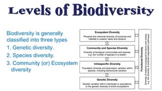 Biodiversity is generally
classified into three types
1. Genetic diversity.
2. Species diversity.
3. Community (or) Ecosystem
diversity
 