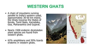 WESTERN GHATS
• A chain of mountains running
parallel to India’s western coast,
approximately 30-50 km inland,
the Ghats traverse the States of
Kerala, Tamil Nadu, Karnataka,
Goa, Maharashtra and Gujarat.
• Nearly 1500 endemic dicotyledon
plant species are found from
western ghats.
• 62% amphibians and 50% lizards
endemic in western ghats.
 