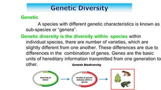 Genetic
A species with different genetic characteristics is known as
sub-species or “genera”.
Genetic diversity is the diversity within species within
individual species, there are number of varieties, which are
slightly different from one another. These differences are due to
differences in the combination of genes. Genes are the basic
units of hereditary information transmitted from one generation to
other.
 