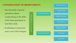 ▪ Meet the needs of present
generation without
compromising on the ability
of the future generations to
meet their needs.
▪ Establishment of protected
areas is one of the strategies. METHODS
OF
CONSERVATION
In-situ conservation
Biosphere Reserves
National Parks
Wildlife Sanctuaries
Sacred Grooves
Ex-situ conservation
Botanical Gardens &
Zoological Parks
Seed Banks
Gene Banks
 