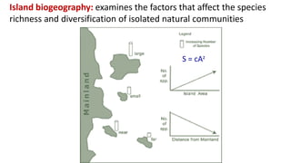 Island biogeography: examines the factors that affect the species
richness and diversification of isolated natural communities
S = cAz
 