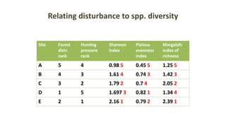 Relating disturbance to spp. diversity
Site Forest
distr.
rank
Hunting
pressure
rank
Shannon
index
Pielous
evenness
index
Margalafs
index of
richness
A 5 4 0.98 0.45 1.25
B 4 3 1.61 0.74 1.42
C 3 2 1.79 0.7 2.05
D 1 5 1.697 0.82 1.34
E 2 1 2.16 0.79 2.39
Site Forest
distr.
rank
Hunting
pressure
rank
Shannon
index
Pielous
evenness
index
Margalafs
index of
richness
A 5 4 0.98 5 0.45 5 1.25 5
B 4 3 1.61 4 0.74 3 1.42 3
C 3 2 1.79 2 0.7 4 2.05 2
D 1 5 1.697 3 0.82 1 1.34 4
E 2 1 2.16 1 0.79 2 2.39 1
 