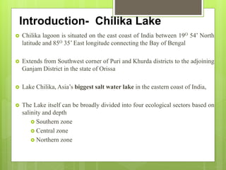  Chilika lagoon is situated on the east coast of India between 19O 54’ North
latitude and 85O 35’ East longitude connecting the Bay of Bengal
 Extends from Southwest corner of Puri and Khurda districts to the adjoining
Ganjam District in the state of Orissa
 Lake Chilika, Asia’s biggest salt water lake in the eastern coast of India,
 The Lake itself can be broadly divided into four ecological sectors based on
salinity and depth
 Southern zone
 Central zone
 Northern zone
Introduction- Chilika Lake
 
