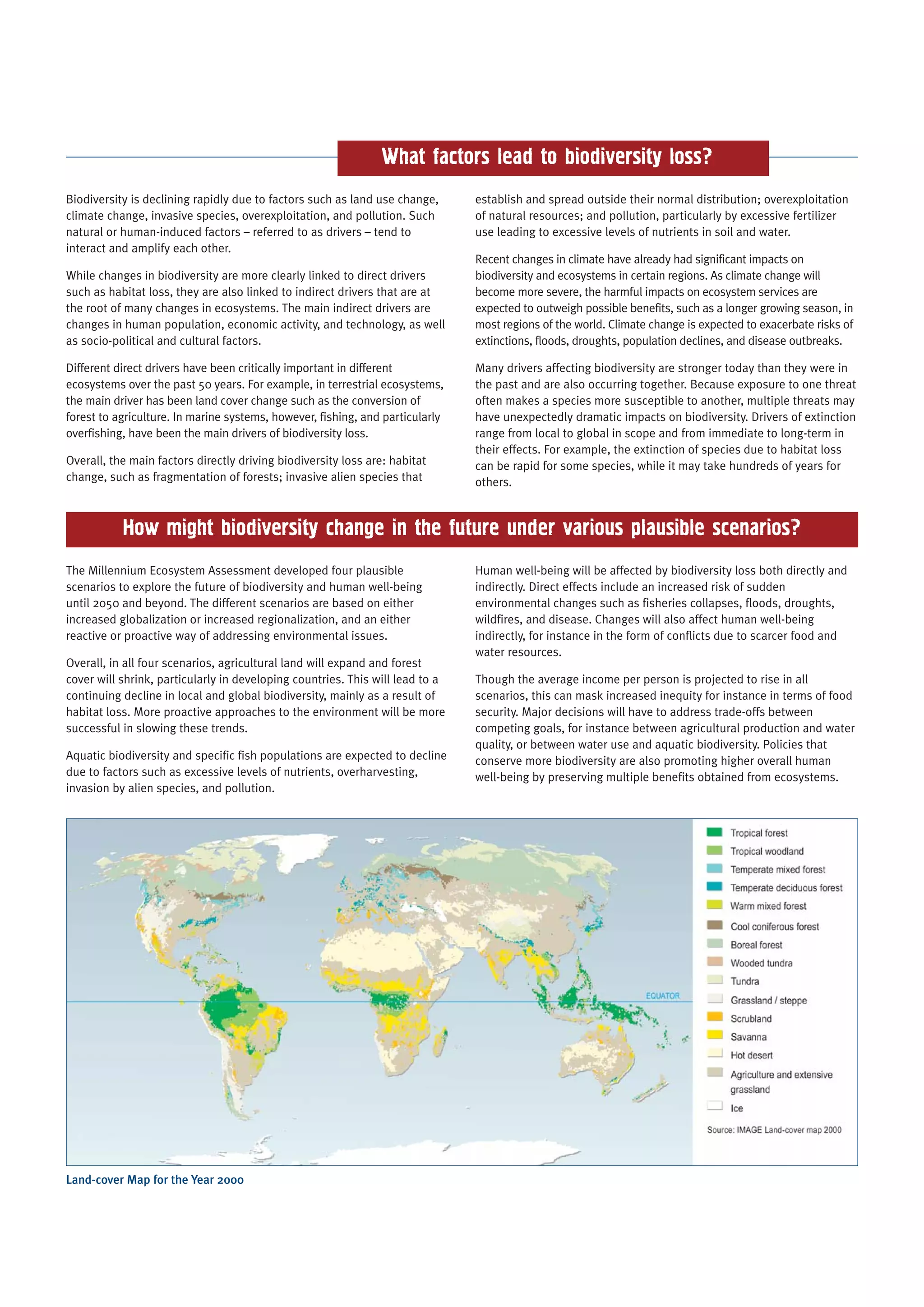 What factors lead to biodiversity loss?
Biodiversity is declining rapidly due to factors such as land use change,      establish and spread outside their normal distribution; overexploitation
climate change, invasive species, overexploitation, and pollution. Such        of natural resources; and pollution, particularly by excessive fertilizer
natural or human-induced factors – referred to as drivers – tend to            use leading to excessive levels of nutrients in soil and water.
interact and amplify each other.
                                                                               Recent changes in climate have already had significant impacts on
While changes in biodiversity are more clearly linked to direct drivers        biodiversity and ecosystems in certain regions. As climate change will
such as habitat loss, they are also linked to indirect drivers that are at     become more severe, the harmful impacts on ecosystem services are
the root of many changes in ecosystems. The main indirect drivers are          expected to outweigh possible benefits, such as a longer growing season, in
changes in human population, economic activity, and technology, as well        most regions of the world. Climate change is expected to exacerbate risks of
as socio-political and cultural factors.                                       extinctions, floods, droughts, population declines, and disease outbreaks.

Different direct drivers have been critically important in different           Many drivers affecting biodiversity are stronger today than they were in
ecosystems over the past 50 years. For example, in terrestrial ecosystems,     the past and are also occurring together. Because exposure to one threat
the main driver has been land cover change such as the conversion of           often makes a species more susceptible to another, multiple threats may
forest to agriculture. In marine systems, however, fishing, and particularly   have unexpectedly dramatic impacts on biodiversity. Drivers of extinction
overfishing, have been the main drivers of biodiversity loss.                  range from local to global in scope and from immediate to long-term in
                                                                               their effects. For example, the extinction of species due to habitat loss
Overall, the main factors directly driving biodiversity loss are: habitat      can be rapid for some species, while it may take hundreds of years for
change, such as fragmentation of forests; invasive alien species that          others.


           How might biodiversity change in the future under various plausible scenarios?
The Millennium Ecosystem Assessment developed four plausible                   Human well-being will be affected by biodiversity loss both directly and
scenarios to explore the future of biodiversity and human well-being           indirectly. Direct effects include an increased risk of sudden
until 2050 and beyond. The different scenarios are based on either             environmental changes such as fisheries collapses, floods, droughts,
increased globalization or increased regionalization, and an either            wildfires, and disease. Changes will also affect human well-being
reactive or proactive way of addressing environmental issues.                  indirectly, for instance in the form of conflicts due to scarcer food and
                                                                               water resources.
Overall, in all four scenarios, agricultural land will expand and forest
cover will shrink, particularly in developing countries. This will lead to a   Though the average income per person is projected to rise in all
continuing decline in local and global biodiversity, mainly as a result of     scenarios, this can mask increased inequity for instance in terms of food
habitat loss. More proactive approaches to the environment will be more        security. Major decisions will have to address trade-offs between
successful in slowing these trends.                                            competing goals, for instance between agricultural production and water
                                                                               quality, or between water use and aquatic biodiversity. Policies that
Aquatic biodiversity and specific fish populations are expected to decline     conserve more biodiversity are also promoting higher overall human
due to factors such as excessive levels of nutrients, overharvesting,          well-being by preserving multiple benefits obtained from ecosystems.
invasion by alien species, and pollution.




Land-cover Map for the Year 2000
 