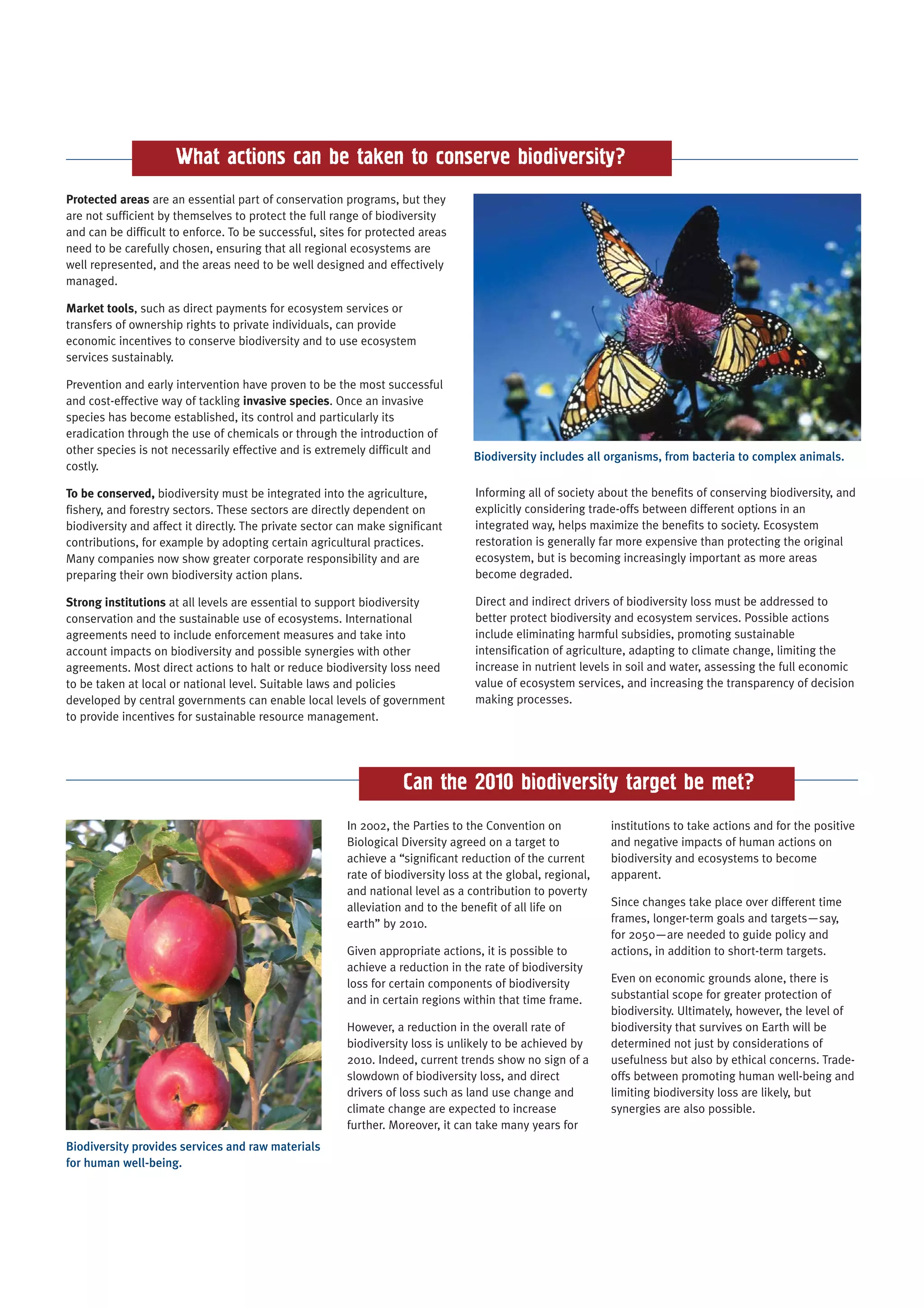 What actions can be taken to conserve biodiversity?
Protected areas are an essential part of conservation programs, but they
are not sufficient by themselves to protect the full range of biodiversity
and can be difficult to enforce. To be successful, sites for protected areas
need to be carefully chosen, ensuring that all regional ecosystems are
well represented, and the areas need to be well designed and effectively
managed.

Market tools, such as direct payments for ecosystem services or
transfers of ownership rights to private individuals, can provide
economic incentives to conserve biodiversity and to use ecosystem
services sustainably.

Prevention and early intervention have proven to be the most successful
and cost-effective way of tackling invasive species. Once an invasive
species has become established, its control and particularly its
eradication through the use of chemicals or through the introduction of
other species is not necessarily effective and is extremely difficult and
                                                                                  Biodiversity includes all organisms, from bacteria to complex animals.
costly.

To be conserved, biodiversity must be integrated into the agriculture,            Informing all of society about the benefits of conserving biodiversity, and
fishery, and forestry sectors. These sectors are directly dependent on            explicitly considering trade-offs between different options in an
biodiversity and affect it directly. The private sector can make significant      integrated way, helps maximize the benefits to society. Ecosystem
contributions, for example by adopting certain agricultural practices.            restoration is generally far more expensive than protecting the original
Many companies now show greater corporate responsibility and are                  ecosystem, but is becoming increasingly important as more areas
preparing their own biodiversity action plans.                                    become degraded.

Strong institutions at all levels are essential to support biodiversity           Direct and indirect drivers of biodiversity loss must be addressed to
conservation and the sustainable use of ecosystems. International                 better protect biodiversity and ecosystem services. Possible actions
agreements need to include enforcement measures and take into                     include eliminating harmful subsidies, promoting sustainable
account impacts on biodiversity and possible synergies with other                 intensification of agriculture, adapting to climate change, limiting the
agreements. Most direct actions to halt or reduce biodiversity loss need          increase in nutrient levels in soil and water, assessing the full economic
to be taken at local or national level. Suitable laws and policies                value of ecosystem services, and increasing the transparency of decision
developed by central governments can enable local levels of government            making processes.
to provide incentives for sustainable resource management.




                                                                    Can the 2010 biodiversity target be met?
                                                        In 2002, the Parties to the Convention on            institutions to take actions and for the positive
                                                        Biological Diversity agreed on a target to           and negative impacts of human actions on
                                                        achieve a “significant reduction of the current      biodiversity and ecosystems to become
                                                        rate of biodiversity loss at the global, regional,   apparent.
                                                        and national level as a contribution to poverty
                                                        alleviation and to the benefit of all life on        Since changes take place over different time
                                                        earth” by 2010.                                      frames, longer-term goals and targets—say,
                                                                                                             for 2050—are needed to guide policy and
                                                        Given appropriate actions, it is possible to         actions, in addition to short-term targets.
                                                        achieve a reduction in the rate of biodiversity
                                                        loss for certain components of biodiversity          Even on economic grounds alone, there is
                                                        and in certain regions within that time frame.       substantial scope for greater protection of
                                                                                                             biodiversity. Ultimately, however, the level of
                                                        However, a reduction in the overall rate of          biodiversity that survives on Earth will be
                                                        biodiversity loss is unlikely to be achieved by      determined not just by considerations of
                                                        2010. Indeed, current trends show no sign of a       usefulness but also by ethical concerns. Trade-
                                                        slowdown of biodiversity loss, and direct            offs between promoting human well-being and
                                                        drivers of loss such as land use change and          limiting biodiversity loss are likely, but
                                                        climate change are expected to increase              synergies are also possible.
                                                        further. Moreover, it can take many years for
Biodiversity provides services and raw materials
for human well-being.
 