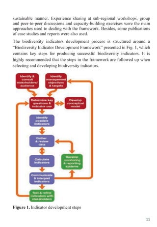 11
sustainable manner. Experience sharing at sub-regional workshops, group
and peer-to-peer discussions and capacity-building exercises were the main
approaches used to dealing with the framework. Besides, some publications
of case studies and reports were also used.
The biodiversity indicators development process is structured around a
“Biodiversity Indicator Development Framework” presented in Fig. 1, which
contains key steps for producing successful biodiversity indicators. It is
highly recommended that the steps in the framework are followed up when
selecting and developing biodiversity indicators.
Figure 1. Indicator development steps
 