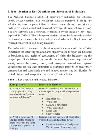 12
2. Identification of Key Questions and Selection of Indicators
The National Taskforce identified biodiversity indicators for Ethiopia,
guided by key questions, from which the indicators stemmed (Table 1). The
selected indicators represent five threatened mammals and one critically
endangered endemic bird and extent of coverage of protected areas (PAs).
The PAs networks and ecosystems represented by the indicators have been
depicted in Table 2. The subsequent sections of the book provide detailed
interpretations about each of the indicator and what it implies in terms of
required conservation and policy measures.
The information contained in the developed indicators will be of vital
importance for achieving protected area objectives and to report on the status
of biodiversity and health of ecosystems, of which the indicators are the
integral part. Such information can also be used by almost any sector of
society within the country. As typical examples, national and regional
governments can use these indicators to help make policies for biodiversity
conservation and sustainable use and to seek support and justification for
their decisions, and to report on the impact of their policies.
Table 1. Key questions and selected indicators
Key question Selected Indicators
1. What is the resource
base (population, range
and diversity) of protect-
ed areas in Ethiopia?
Trends in abundance and distribution of
selected species (key species of protected
areas):
 Ethiopian wolf
 Walia ibex
 Swayne‟s hartebeest
 White-eared kob
 Liben lark
 Grevy‟s zebra
2. What is the extent of
the designated protected
areas (PAs) and the trend
of land use in general in
Ethiopia?
Trend of land use vs extent of designated
protected areas and existing threats
 Land use & extent of designated
PAs in terms of area coverage
 