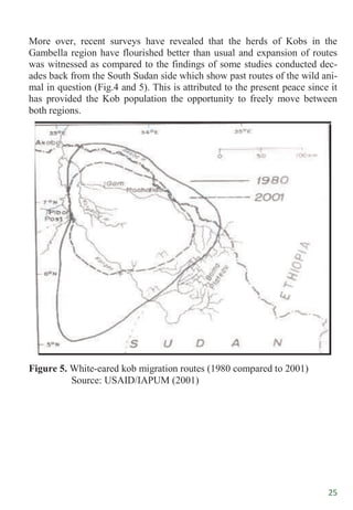 25
More over, recent surveys have revealed that the herds of Kobs in the
Gambella region have flourished better than usual and expansion of routes
was witnessed as compared to the findings of some studies conducted dec-
ades back from the South Sudan side which show past routes of the wild ani-
mal in question (Fig.4 and 5). This is attributed to the present peace since it
has provided the Kob population the opportunity to freely move between
both regions.
Figure 5. White-eared kob migration routes (1980 compared to 2001)
Source: USAID/IAPUM (2001)
 