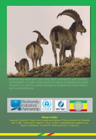 48
Biodiversity indicators are tools that summarize and simplify
information, to help understand the status of biodiversity and
threats to it, and to evaluate progress towards its conservation
and sustainable use.
Photo Credits:
Land use ©Abiyot B., Walia ibex & inside-cover photos © Patricio Robles Gil, Ethiopian
wolf © IBC, Liben lark © Cagan S., Grevy‟s zebra © danielsanimals.wordpress.com,
Swayne‟s hartebeest © Lakew B., White-eared kob © Ludwig S.
 