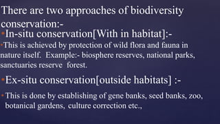 There are two approaches of biodiversity
conservation:-
•In-situ conservation[With in habitat]:-
•This is achieved by protection of wild flora and fauna in
nature itself. Example:- biosphere reserves, national parks,
sanctuaries reserve forest.
•Ex-situ conservation[outside habitats] :-
•This is done by establishing of gene banks, seed banks, zoo,
botanical gardens, culture correction etc.,
 