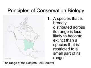 Principles of Conservation Biology
1. A species that is
broadly
distributed across
its range is less
likely to become
extinct than a
species that is
restricted to a
small part of its
range
The range of the Eastern Fox Squirrel
 