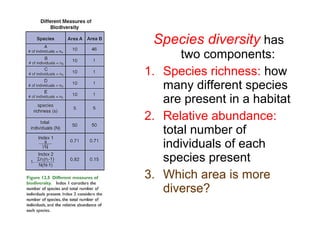 Species diversity has
two components:
1. Species richness: how
many different species
are present in a habitat
2. Relative abundance:
total number of
individuals of each
species present
3. Which area is more
diverse?
 