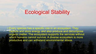 Ecological Stability
• Every species has a specific role in an ecosystem. They
capture and store energy and also produce and decompose
organic matter. The ecosystem supports the services without
which humans cannot survive. A diverse ecosystem is more
productive and can withstand environmental stress.
12
 