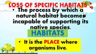 LOSS OF SPECIFIC HABITATS
• The process by which a
natural habitat becomes
incapable of supporting its
native species.
• It is the PLACE where
organisms live.
HABITATS
 
