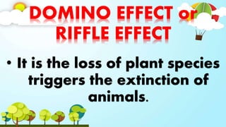 DOMINO EFFECT or
RIFFLE EFFECT
• It is the loss of plant species
triggers the extinction of
animals.
 