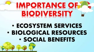 IMPORTANCE OF
BIODIVERSITY
• ECOSYSTEM SERVICES
• BIOLOGICAL RESOURCES
• SOCIAL BENEFITS
 