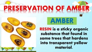 RESIN is a sticky organic
substance that found in
some trees that hardens
into transparent yellow
material.
AMBER
 