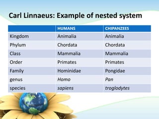 Carl Linnaeus: Example of nested system
HUMANS CHIPANZEES
Kingdom Animalia Animalia
Phylum Chordata Chordata
Class Mammalia Mammalia
Order Primates Primates
Family Hominidae Pongidae
genus Homo Pan
species sapiens troglodytes
 