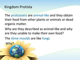 Kingdom Protista
The protozoans are animal-like and they obtain
their food from other plants or animals or dead
organic matter.
Why are they described as animal-like and why
are they unable to make their own food?
The slime moulds are like fungi.
Why?
 