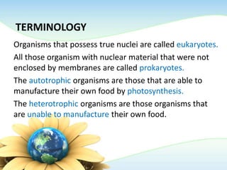 TERMINOLOGY
Organisms that possess true nuclei are called eukaryotes.
All those organism with nuclear material that were not
enclosed by membranes are called prokaryotes.
The autotrophic organisms are those that are able to
manufacture their own food by photosynthesis.
The heterotrophic organisms are those organisms that
are unable to manufacture their own food.
 