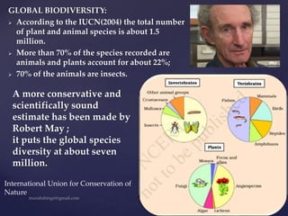 GLOBAL BIODIVERSITY:
 According to the IUCN(2004) the total number
of plant and animal species is about 1.5
million.
 More than 70% of the species recorded are
animals and plants account for about 22%;
 70% of the animals are insects.
A more conservative and
scientifically sound
estimate has been made by
Robert May ;
it puts the global species
diversity at about seven
million.
International Union for Conservation of
Nature
 