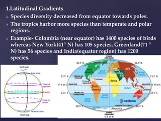 1.Latitudinal Gradients
 Species diversity decreased from equator towards poles.
 The tropics harbor more species than temperate and polar
regions.
 Example- Colombia (near equator) has 1400 species of birds
whereas New York(41° N) has 105 species, Greenland(71 °
N) has 56 species and India(equator region) has 1200
species.
 