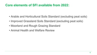Core elements of SFI available from 2022:
• Arable and Horticultural Soils Standard (excluding peat soils)
• Improved Gras...