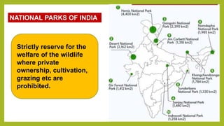 NATIONAL PARKS OF INDIA
Strictly reserve for the
welfare of the wildlife
where private
ownership, cultivation,
grazing etc are
prohibited.
 