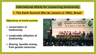 1. The Earth Summit (Rio de Janeiro in 1992), Brazil
International efforts for conserving biodiversity
Objectives of world summit
 conservation of
biodiversity.
 sustainable utilization of
biodiversity.
 Sharing benefits arising
from genetic resources.
 