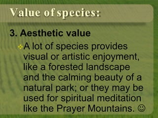 Value of species:
3. Aesthetic value
A lot of species provides
visual or artistic enjoyment,
like a forested landscape
and the calming beauty of a
natural park; or they may be
used for spiritual meditation
like the Prayer Mountains. 
 