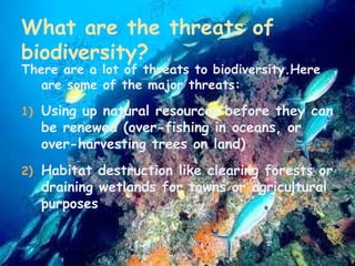 What are the threats of
biodiversity?

There are a lot of threats to biodiversity.Here
are some of the major threats:
1) Using up natural resources before they can

be renewed (over-fishing in oceans, or
over-harvesting trees on land)

2) Habitat destruction like clearing forests or

draining wetlands for towns or agricultural
purposes

 