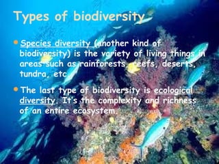 Types of biodiversity
Species diversity (another kind of

biodiversity) is the variety of living things in
areas such as rainforests, reefs, deserts,
tundra, etc.

The last type of biodiversity is ecological

diversity. It’s the complexity and richness
of an entire ecosystem.

 