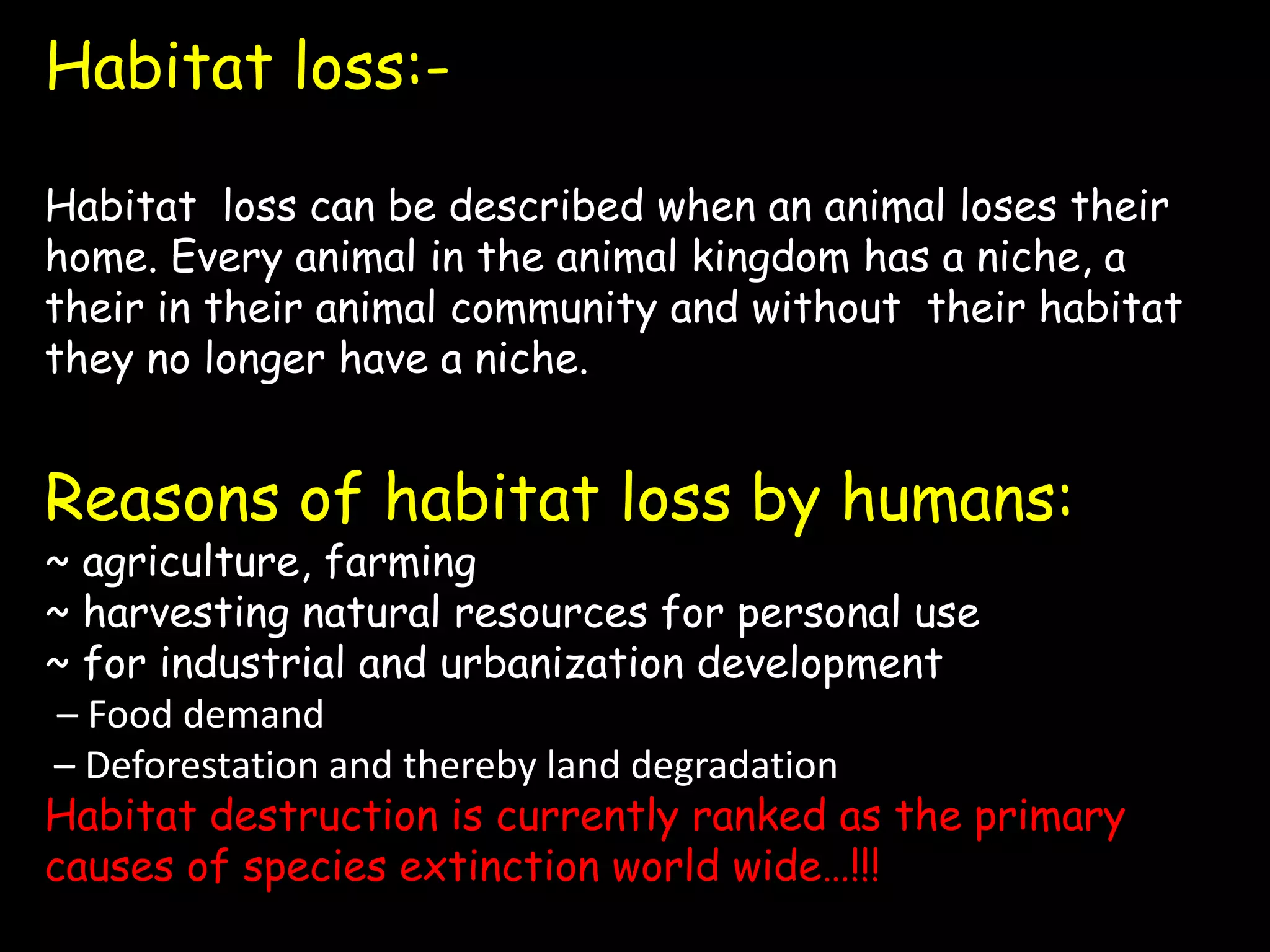 Habitat loss:-
Habitat loss can be described when an animal loses their
home. Every animal in the animal kingdom has a niche, a
their in their animal community and without their habitat
they no longer have a niche.
Reasons of habitat loss by humans:
~ agriculture, farming
~ harvesting natural resources for personal use
~ for industrial and urbanization development
– Food demand
– Deforestation and thereby land degradation
Habitat destruction is currently ranked as the primary
causes of species extinction world wide…!!!
 
