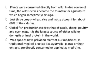 Plants were consumed directly from wild. In due course of
time, the wild species became the fountain for agriculture
which began sometime years ago.
Just three crops- wheat, rice and maize account for about
60% of the calories.
Global fish production exceeds that of cattle, sheep, poultry
and even eggs. It is the largest source of either wild or
domestic animal protein in the world.
Wild species have provided many of our medicines. In
traditional medical practice like Ayurveda, plants or their
extracts are directly consumed or applied as medicine.
 