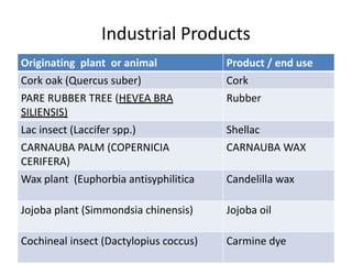 Industrial Products
Originating plant or animal Product / end use
Cork oak (Quercus suber) Cork
PARE RUBBER TREE (HEVEA BRA
SILIENSIS)
Rubber
Lac insect (Laccifer spp.) Shellac
CARNAUBA PALM (COPERNICIA
CERIFERA)
CARNAUBA WAX
Wax plant (Euphorbia antisyphilitica Candelilla wax
Jojoba plant (Simmondsia chinensis) Jojoba oil
Cochineal insect (Dactylopius coccus) Carmine dye
 