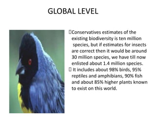 GLOBAL LEVEL
Conservatives estimates of the
existing biodiversity is ten million
species, but if estimates for insects
are correct then it would be around
30 million species, we have till now
enlisted about 1.4 million species.
It includes about 98% birds, 95%
reptiles and amphibians, 90% fish
and about 85% higher plants known
to exist on this world.
 