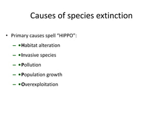 Causes of species extinction
• Primary causes spell “HIPPO”:
– •Habitat alteration
– •Invasive species
– •Pollution
– •Population growth
– •Overexploitation
 