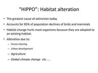 “HIPPO”: Habitat alteration
• The greatest cause of extinction today
• Accounts for 85% of population declines of birds and mammals
• Habitat change hurts most organisms because they are adapted to
an existing habitat.
• Alteration due to:
– Forest clearing
– Urban development
– Agriculture
– Global climate change etc….
 