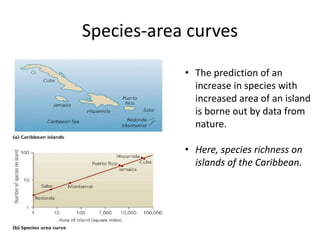 Species-area curves
• The prediction of an
increase in species with
increased area of an island
is borne out by data from
nature.
• Here, species richness on
islands of the Caribbean.
 