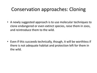 Conservation approaches: Cloning
• A newly suggested approach is to use molecular techniques to
clone endangered or even extinct species, raise them in zoos,
and reintroduce them to the wild.
• Even if this succeeds technically, though, it will be worthless if
there is not adequate habitat and protection left for them in
the wild.
 