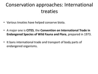 Conservation approaches: International
treaties
• Various treaties have helped conserve biota.
• A major one is CITES, the Convention on International Trade in
Endangered Species of Wild Fauna and Flora, prepared in 1973.
• It bans international trade and transport of body parts of
endangered organisms.
 