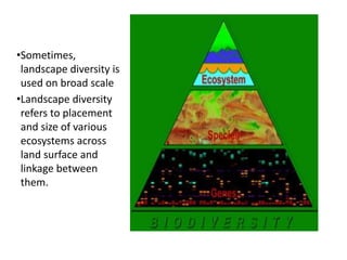 •Sometimes,
landscape diversity is
used on broad scale
•Landscape diversity
refers to placement
and size of various
ecosystems across
land surface and
linkage between
them.
 