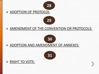 28
» ADOPTION OF PROTOCOL

29
» AMENDMENT OF THE CONVENTION OR PROTOCOLS:

30
» ADOPTION AND AMENDMENT OF ANNEXES:

31
» RIGHT TO VOTE:

 
