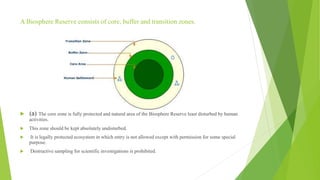 A Biosphere Reserve consists of core, buffer and transition zones.
 (a) The core zone is fully protected and natural area of the Biosphere Reserve least disturbed by human
activities.
 This zone should be kept absolutely undisturbed.
 It is legally protected ecosystem in which entry is not allowed except with permission for some special
purpose.
 Destructive sampling for scientific investigations is prohibited.
 