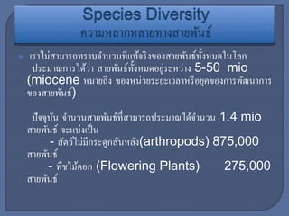  เราไม่สามารถทราบจานวนที่แท้จริงของสายพันธ์ทั้งหมดในโลก
ประมาณการได้ว่า สายพันธ์ทั้งหมดอยู่ระหว่าง 5-50 mio
(miocene หมายถึง ของหน่วยระยะเวลาหรือยุคของการพัฒนาการ
ของสายพันธ์)
ปัจจุบัน จานวนสายพันธ์ที่สามารถประมาณได้จานวน 1.4 mio
สายพันธ์ จะแบ่งเป็น
- สัตว์ไม่มีกระดูกสันหลัง(arthropods) 875,000
สายพันธ์
- พืชไม้ดอก (Flowering Plants) 275,000
สายพันธ์
 