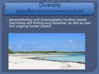  geomorphology and oceanography creating habitat
patchiness and limiting long dispersal, as well as past
and ongoing human impact.
 