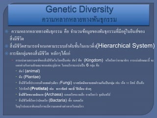  ความหลากหลายทางพันธุกรรม คือ จานวนข้อมูลของพันธุกรรมที่มีอยู่ในยีนส์ของ
สิ่งมีชีวิต
 สิ่งมีชีวิตสามารถจาแนกตามระบบลาดับชั้นในแนวดิ่ง(Hierarchical System)
 การจัดกลุ่มของสิ่งมีชีวิต หลักๆได้แก่
• การแบ่งตามธรรมชาติของสิ่งมีชีวิตในโลกเป็นเช่น สัตว์ พืช (Kingdom) หรือเรียกว่าอาณาจักร การแบ่งลักษณะนี้ จะ
แตกต่างกันตามลักษณะของแต่ละภูมิภาค ในอเมริกาจะแบ่งเป็น 6 กลุ่ม คือ
 สัตว์ (animal)
 พืช (Plantae)
 สิ่งมีชีวิตที่ประกอบด้วยเซลล์ๆเดียว (Fungi) บางชนิดมีหลายเซลล์รวมกันเป็นกลุ่ม เช่น เห็ด รา ยีสต์ เป็นต้น
 โปรทีสต้า(Protista) เช่น พาราซิสต์ พยาธิ์ ใส้เดือน ต่างๆ
 สิ่งมีชีวิตขนาดเล็กมาก (Archaea) เบคเตเรียขนาดเล็ก อาจเรียกว่า จุลลินทรีย์
 สิ่งมีชีวิตที่เรียกว่าบัคเตเรีย (Bactaria) เชื้อ เบคเตเรีย
ในยุโรปและลาตินอเมริกาจะมีความแตกต่างต่างจากในอเมริกา
 